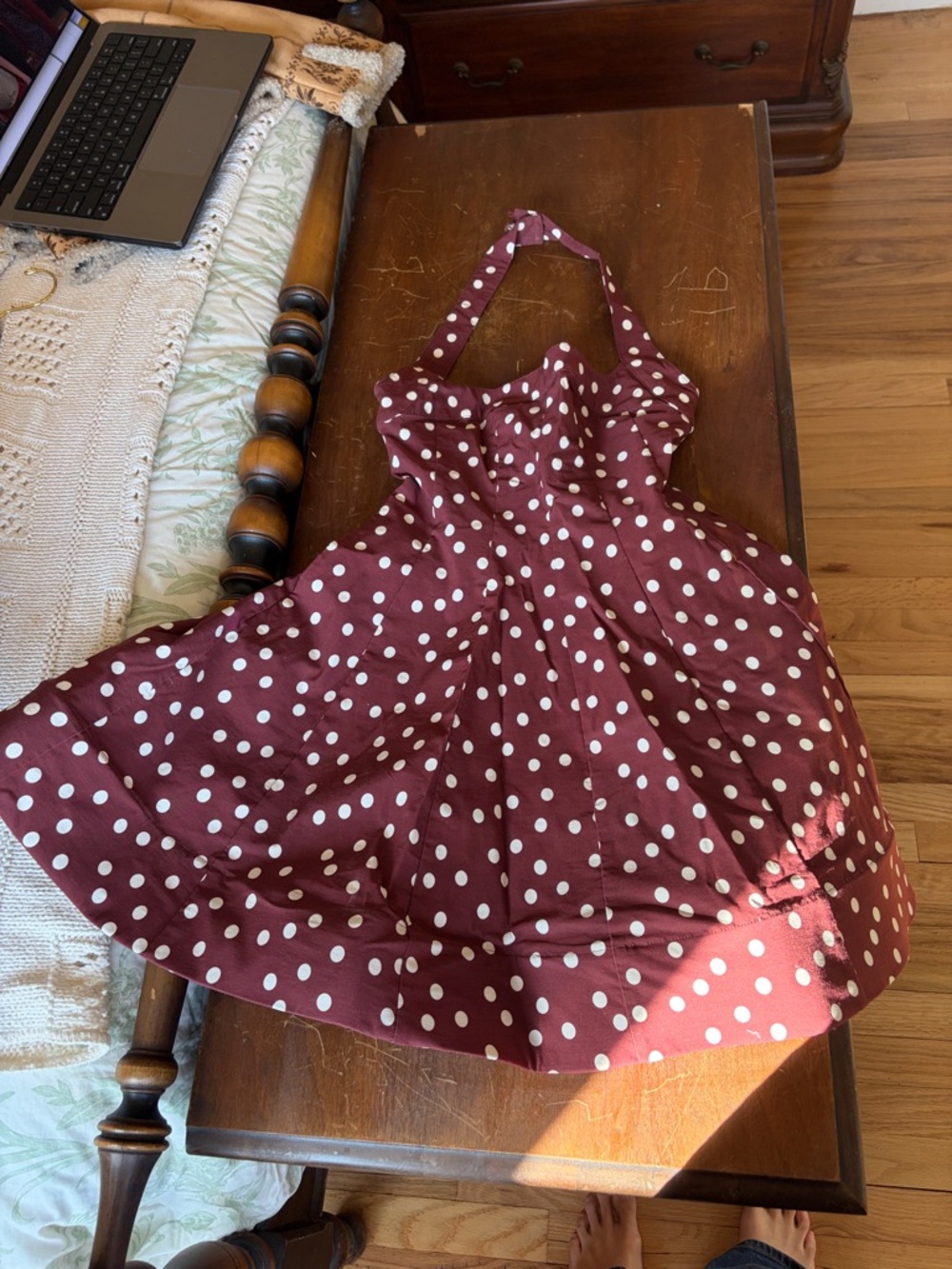 Anthropologie Burgundy Polka Dot Halter Mini Dress